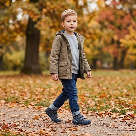 Chlapec v dětských barefoot botách D.D.STEP S073-62313A na podzimní procházce