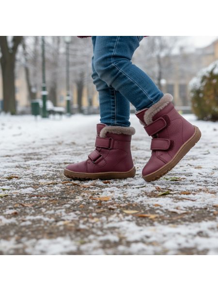 FRODDO KOTNÍKOVÉ ZIMNÍ FURRY BOOT Bordeaux | Dětské zimní zateplené barefoot boty