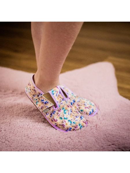 PEGRES PAPUČKY BF01 Textilní JEDNOROŽEC Fialová | Dětské barefoot přezůvky