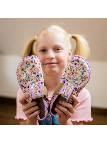 PEGRES PAPUČKY BF01 Textilní JEDNOROŽEC Fialová | Dětské barefoot přezůvky