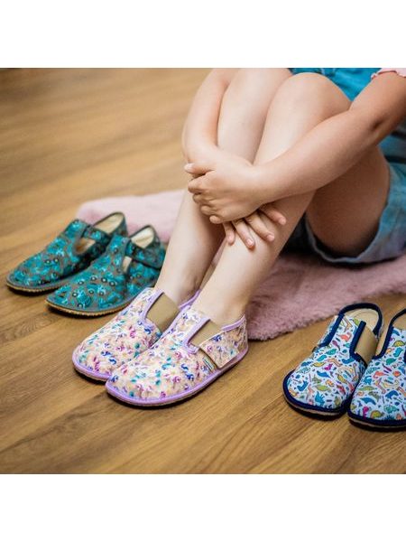 PEGRES PAPUČKY BF01 Textilní JEDNOROŽEC Fialová | Dětské barefoot přezůvky