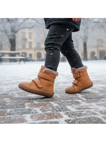 FRODDO KOTNÍKOVÉ ZIMNÍ FURRY BOOT Cognac | Dětské zimní zateplené barefoot boty