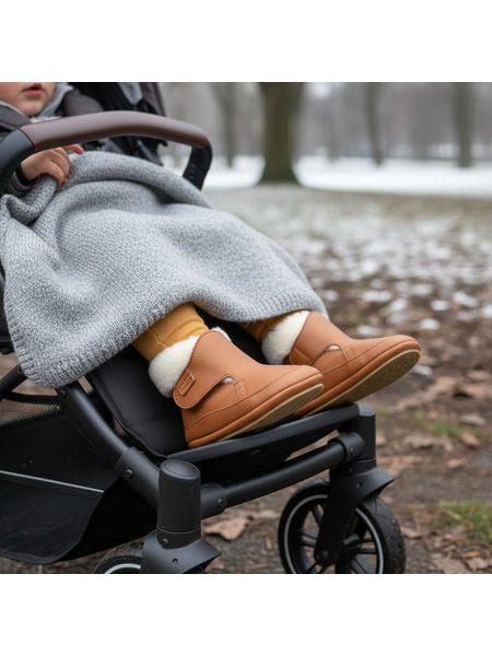 FRODDO ZIMNÍ CAPÁČKY FURRY WALKERS Cognac | Dětské první zateplené barefoot botičky