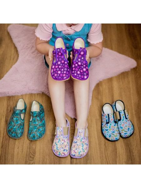 PEGRES PAPUČKY BF01 Textilní JEDNOROŽEC Fialová | Dětské barefoot přezůvky