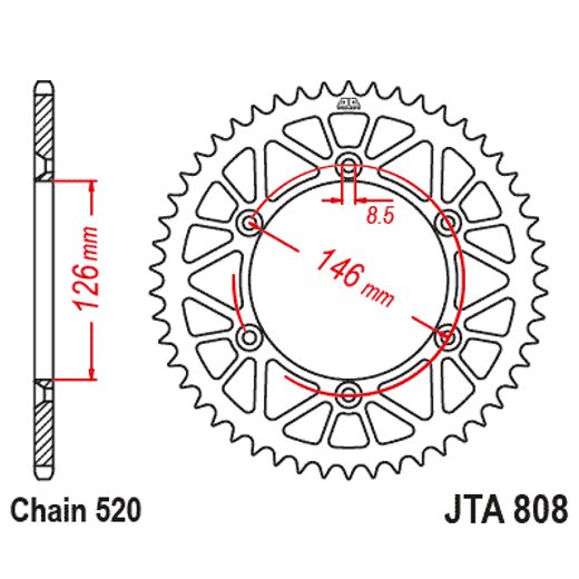 Hliníková řetězová rozeta JT JTA 808-52BLK 52 zubů, 520 černá
