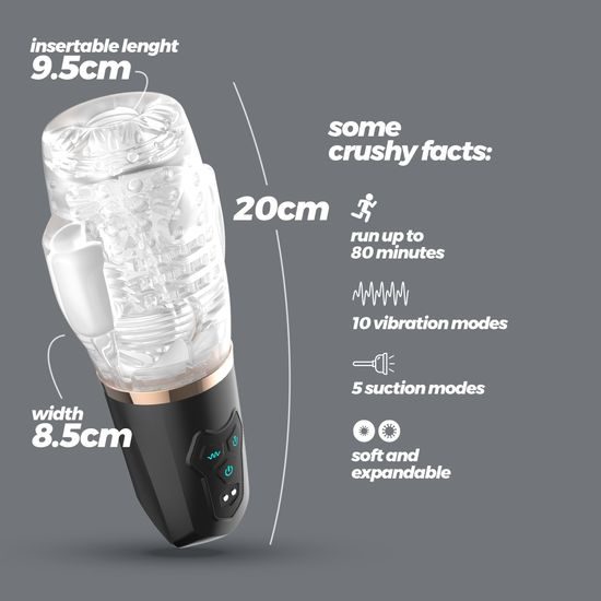 Crushious quasar rechargeable masturbator with suction