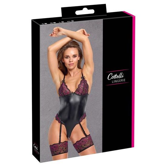 Cottelli Lingerie Thong Body with suspender straps black/pink