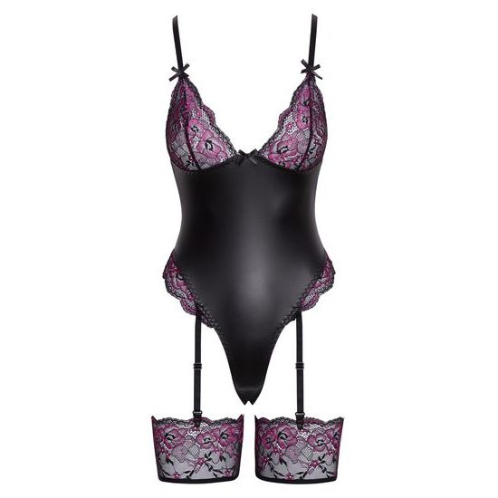 Cottelli Lingerie Thong Body with suspender straps black/pink