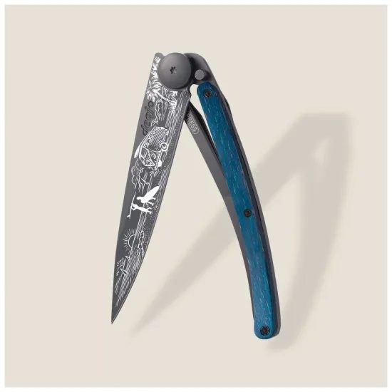Nůž Deejo 1GB167 Tattoo Black 37g Van Life blue beech