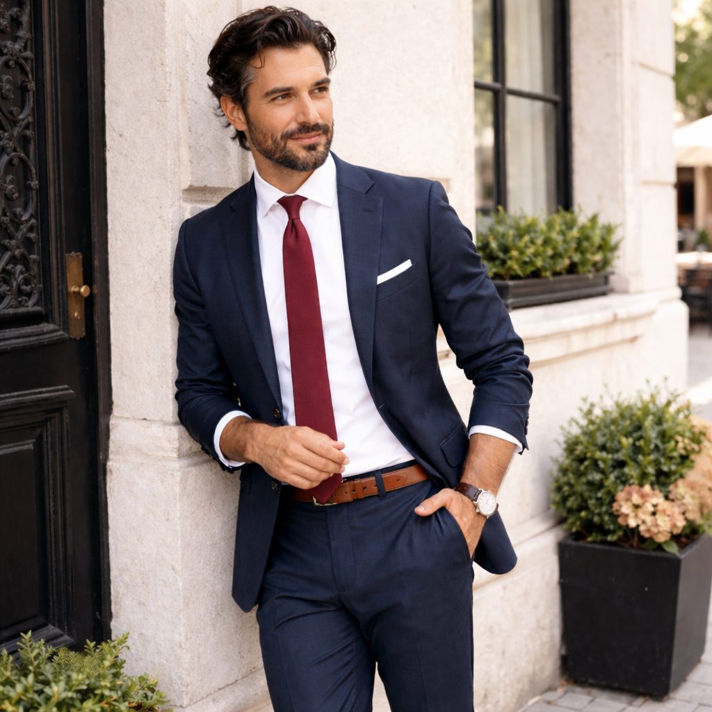 Mężczyzna w niebieskim garniturze i krawacie