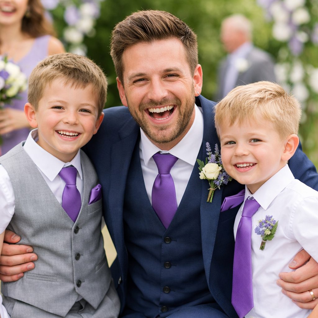 Ženich a děti ve fialové kravatě