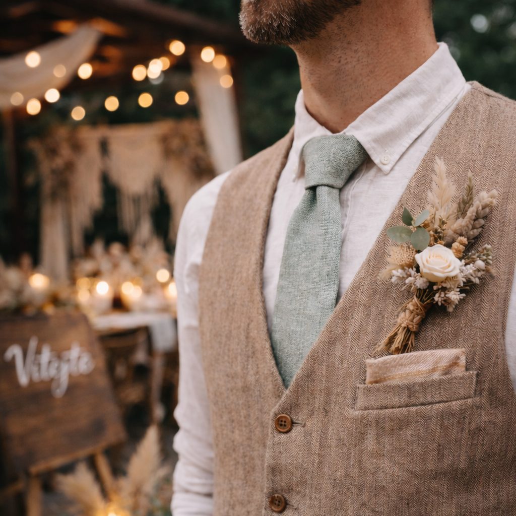 Ženich v kravatě na boho svatbě