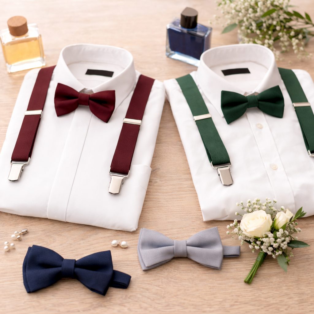 Cămașă albă cu papion și bretele