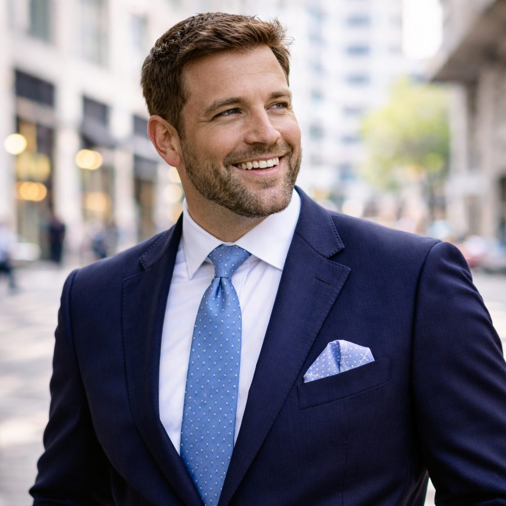 dunkelblauer Anzug mit hellblauer Krawatte Kombination