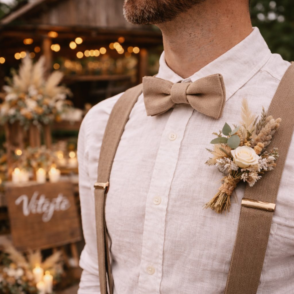 Ženich s motýlkem na boho svatbě