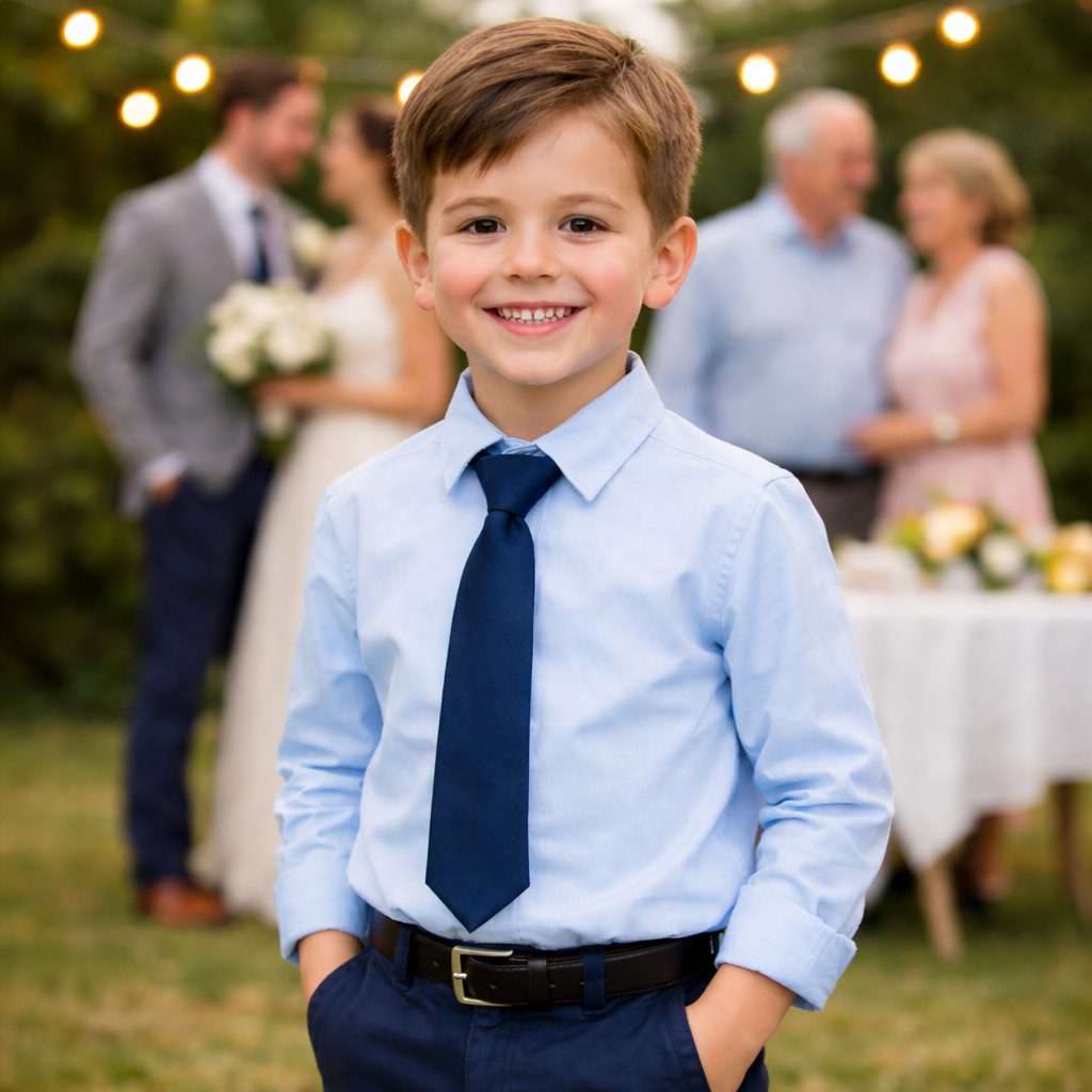 Chlapec v modré kravatě na svatbě 