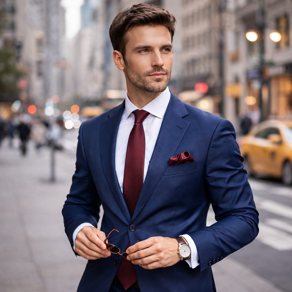 Muž v modrém obleku s bordo kravatou ve městě