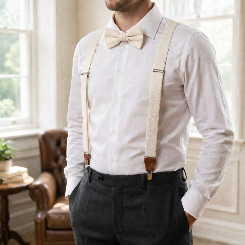 bărbat în cămașă albă cu papion și bretele bej