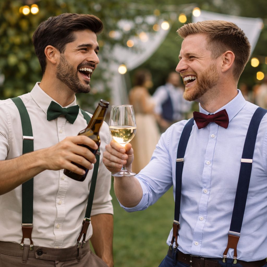 bărbați cu papion și bretele la nuntă
