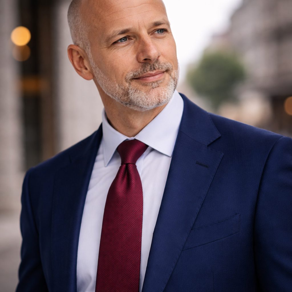 Muž v modrém obleku s bordó kravatou