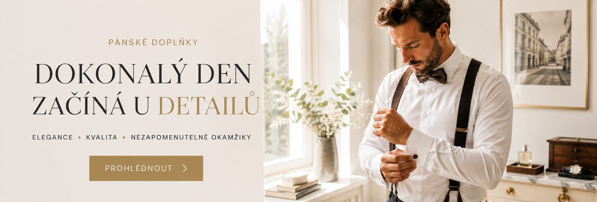 Elegantní muž v bílé košili se šlemi a motýlkem při přípravě na svatbu.