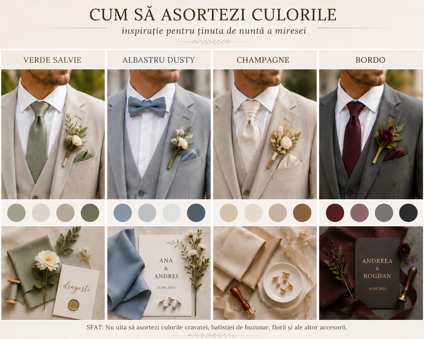 Paletă de culori pentru ținuta mirelui