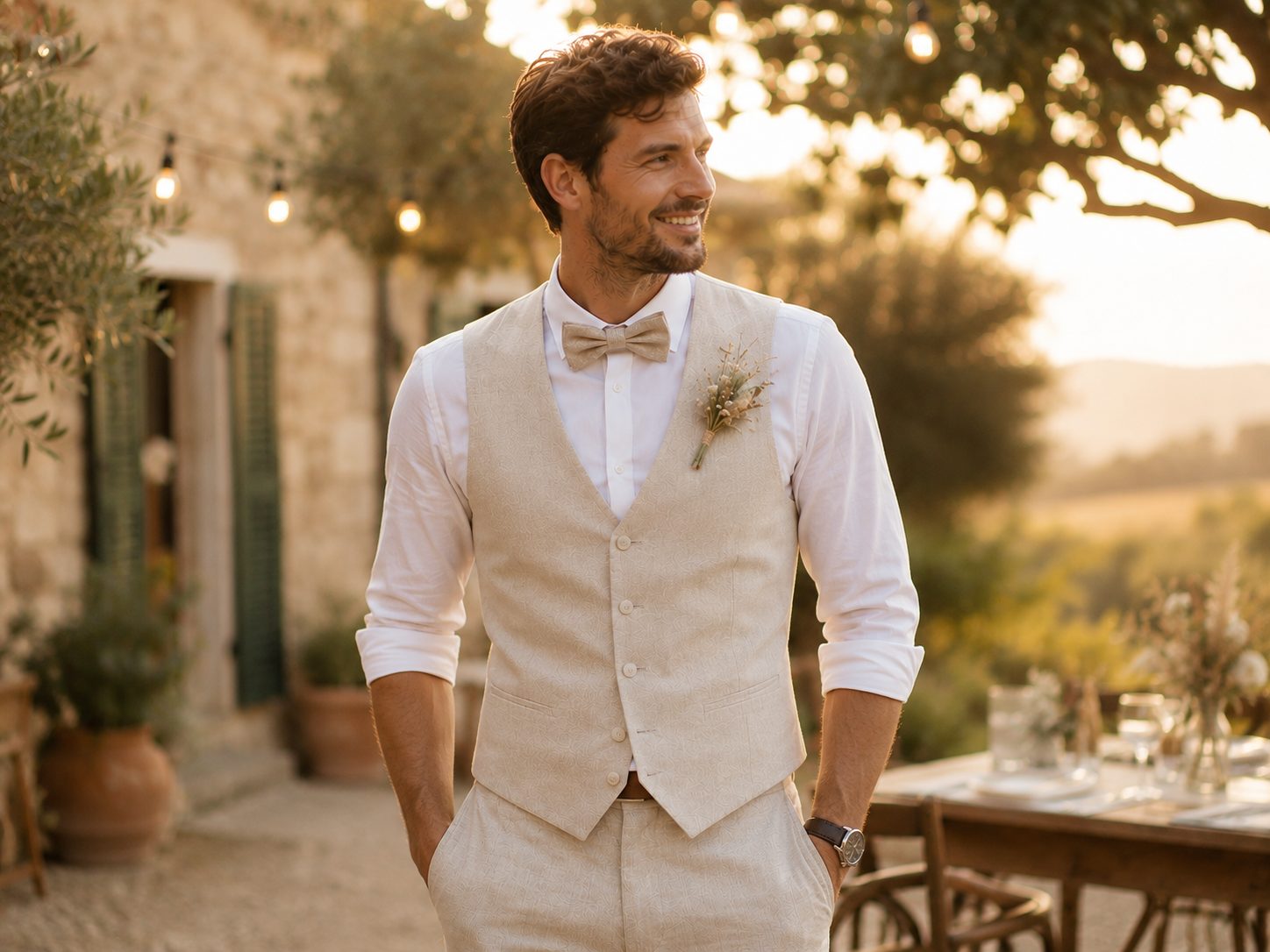 Letní svatební outfit ženicha bez saka s vestou a motýlkem