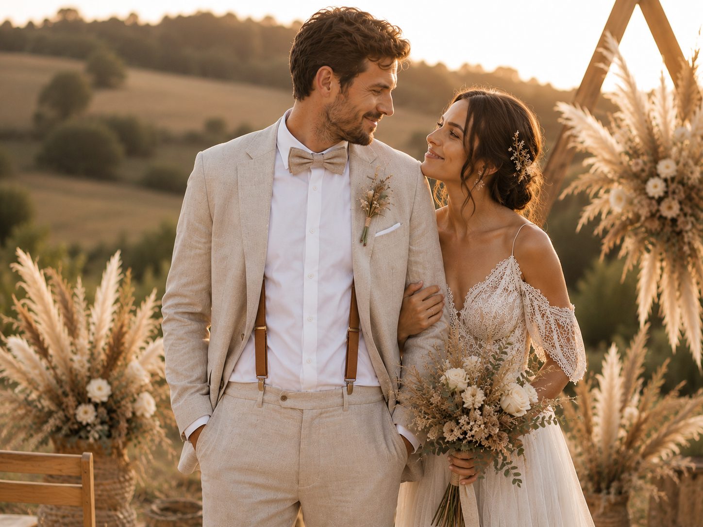 Boho svatební outfit ženicha a nevěsty v přírodním stylu