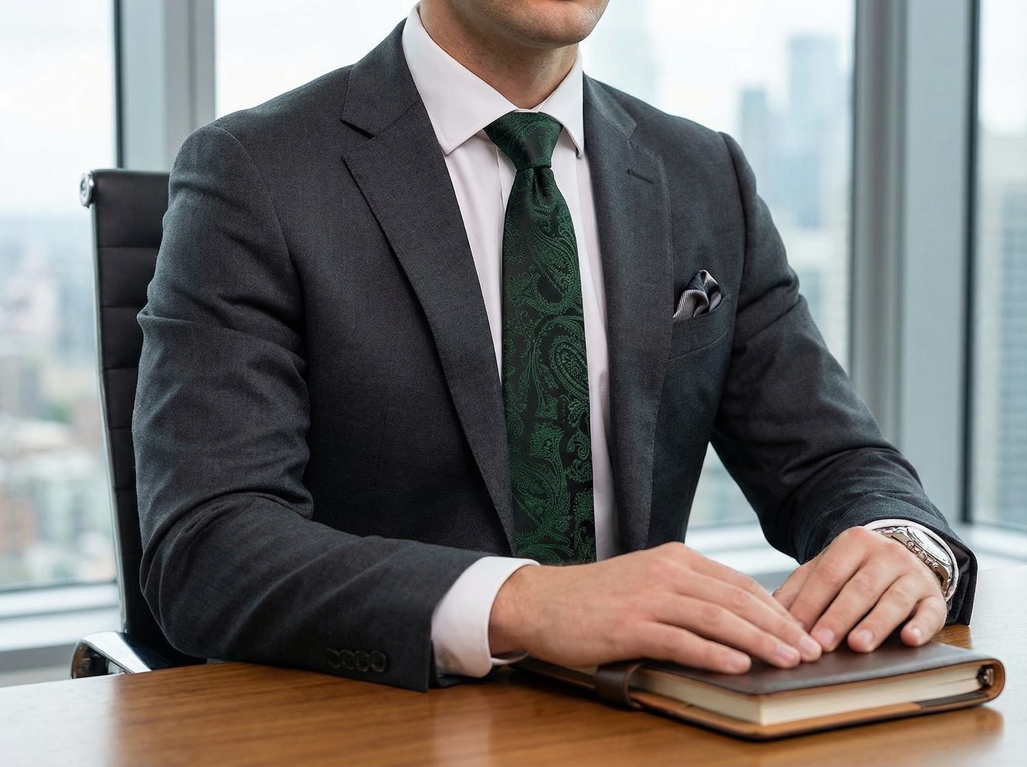 Šedý oblek a tmavě zelená kravata