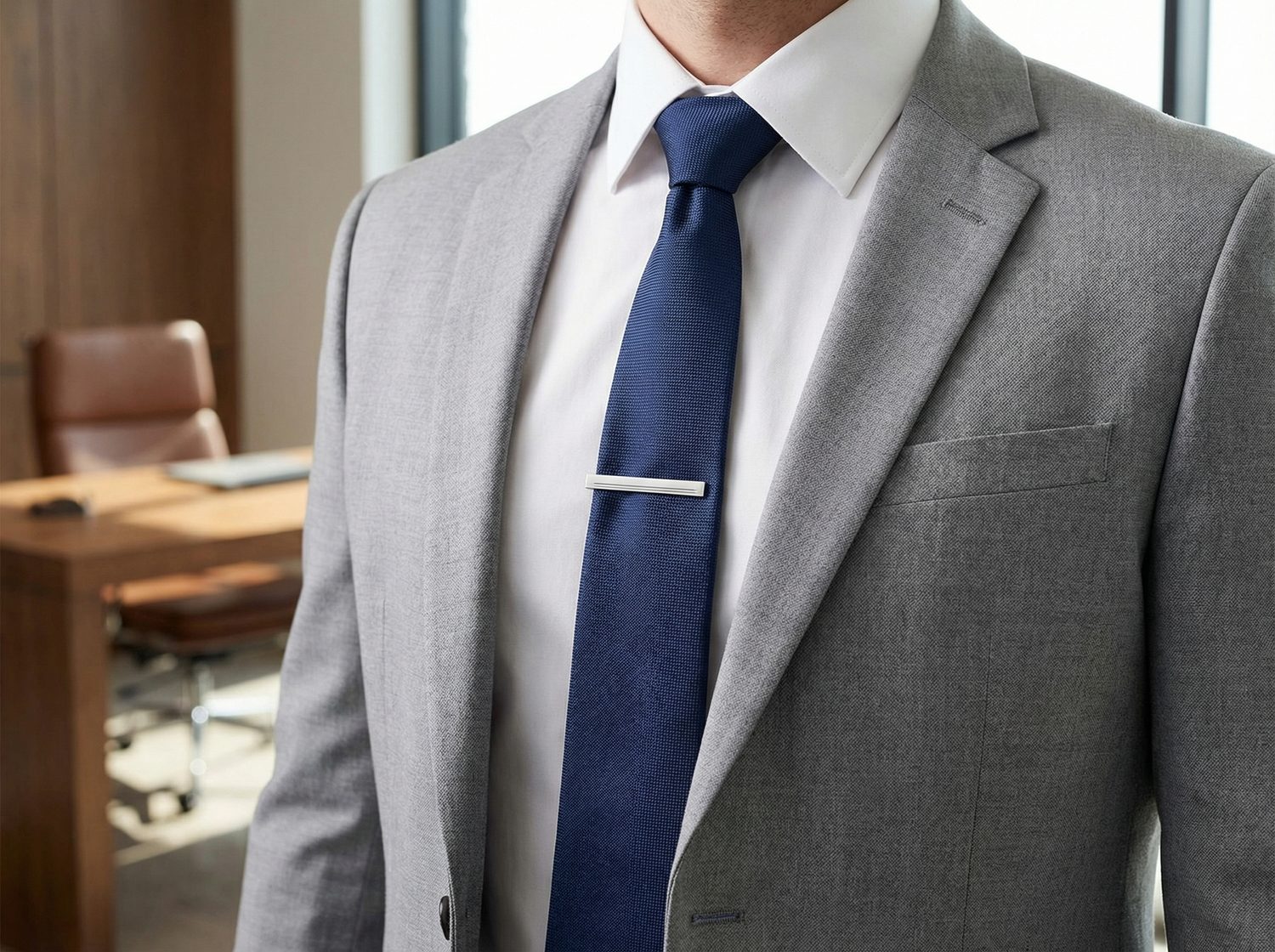 Silberne Krawattennadel auf blauer Krawatte