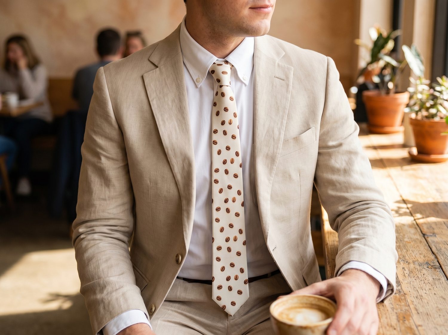 Krémmintás nyakkendő és bézs színű öltöny