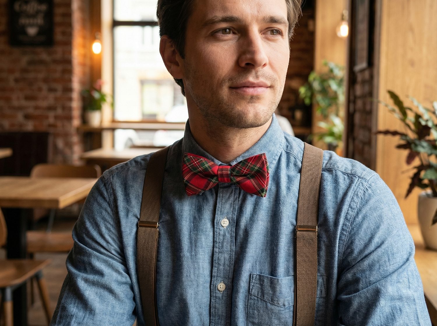 цветна папийонка с едноцветни тиранти модерна визия