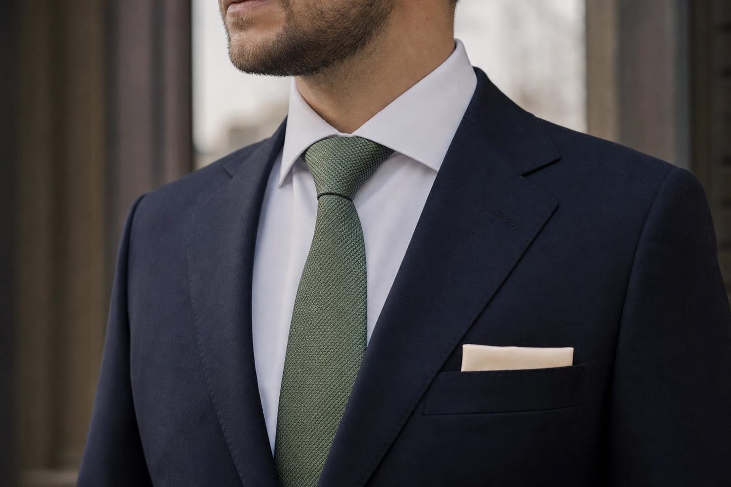 Tmavě modrý oblek, kravata sage green a elegantní kapesníček