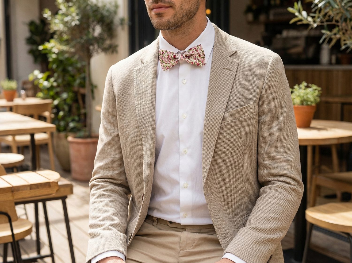 папийонка с флорален мотив и бежово сако стилна комбинация