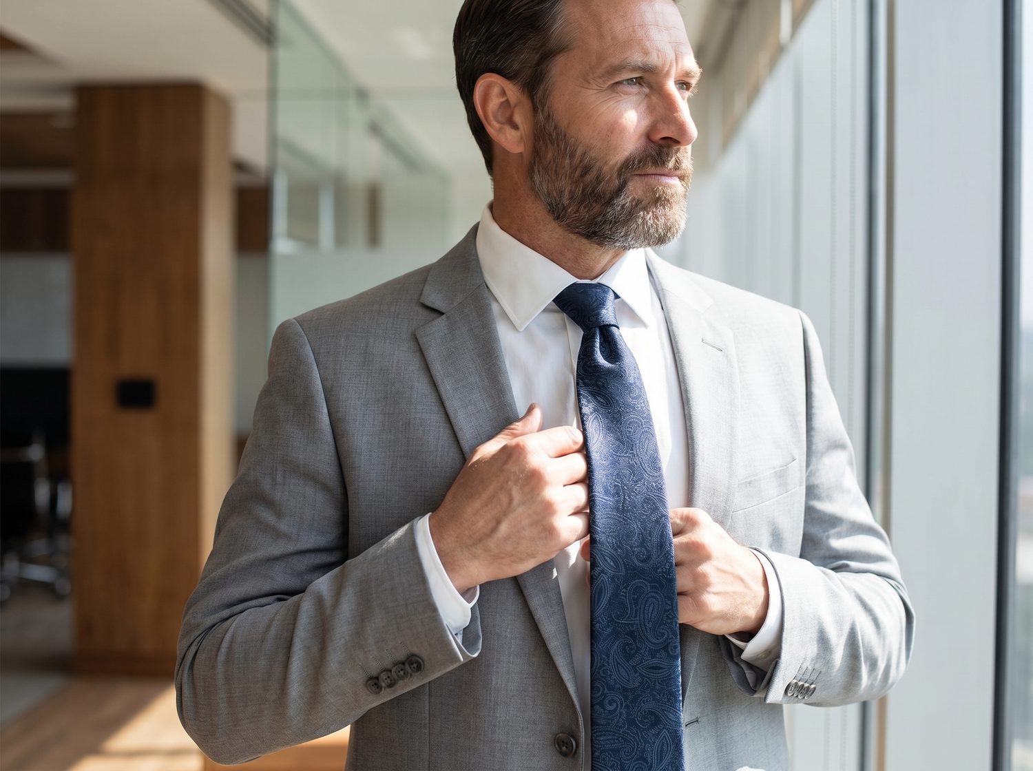 Kék nyakkendő és szürke öltöny