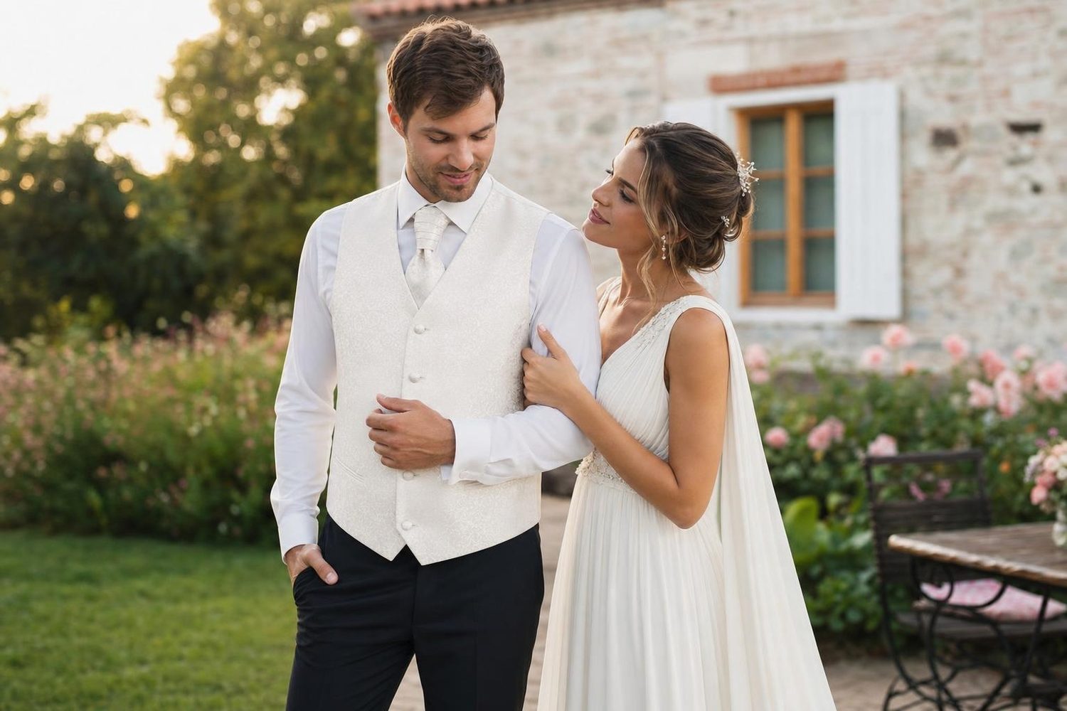 Bräutigam mit Weste und Braut bei einer Hochzeit