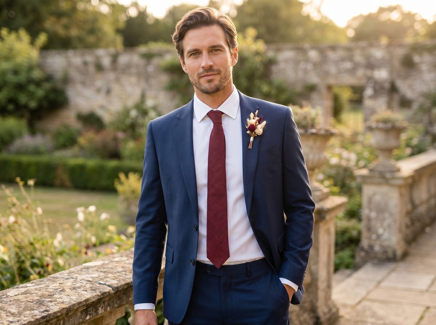 Bordó nyakkendő és kék öltöny