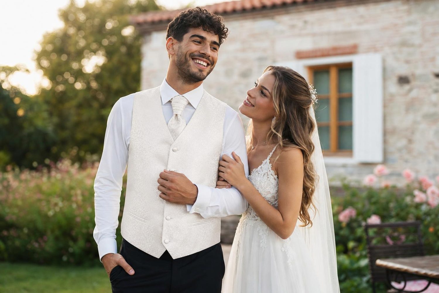 Mire într-o vestă elegantă de nuntă alături de mireasă