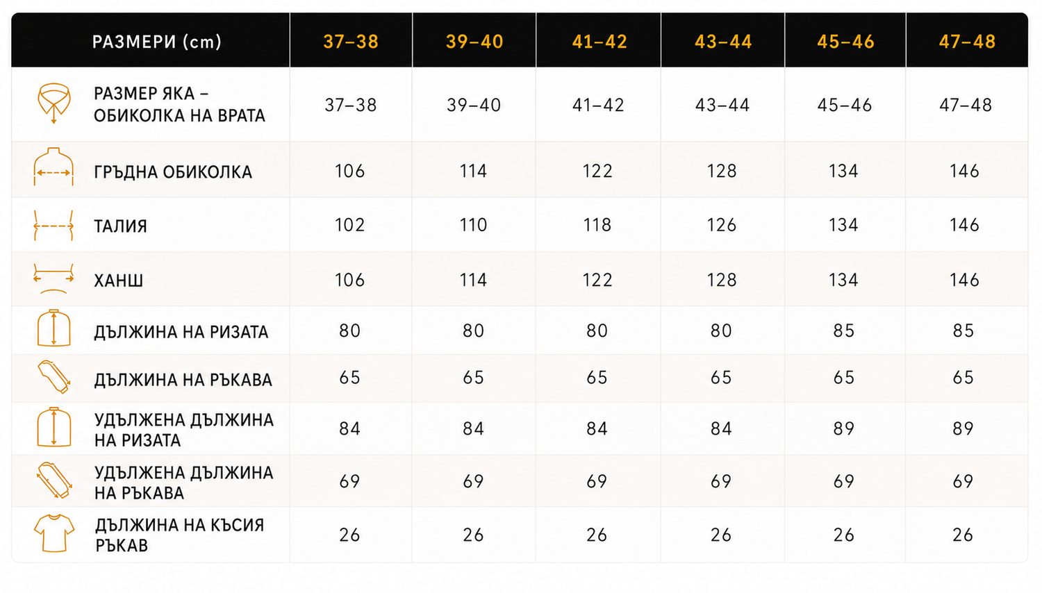 Таблица с размерите на ризи Regular Fit