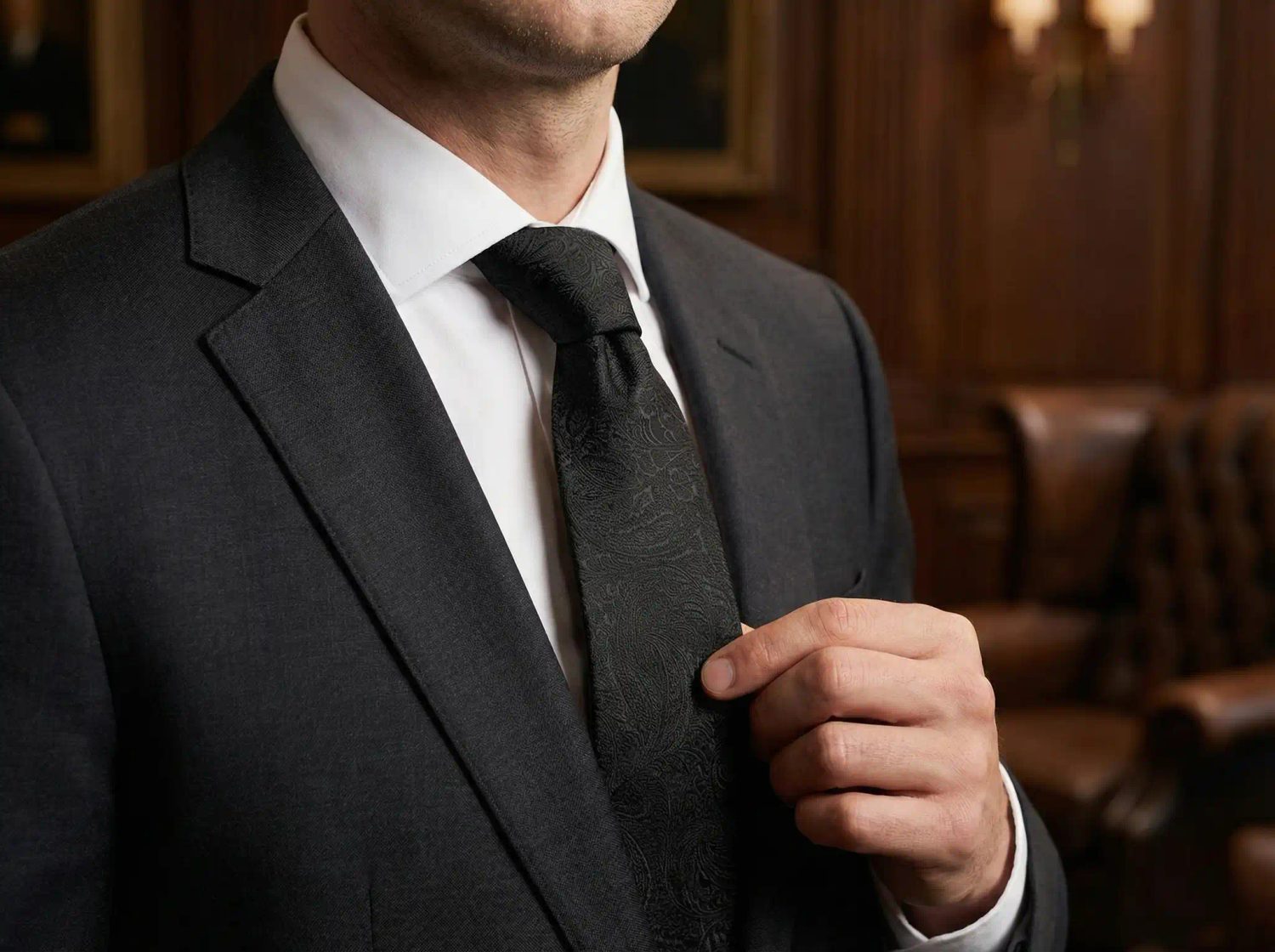 Černý oblek a černá vzorovaná kravata 