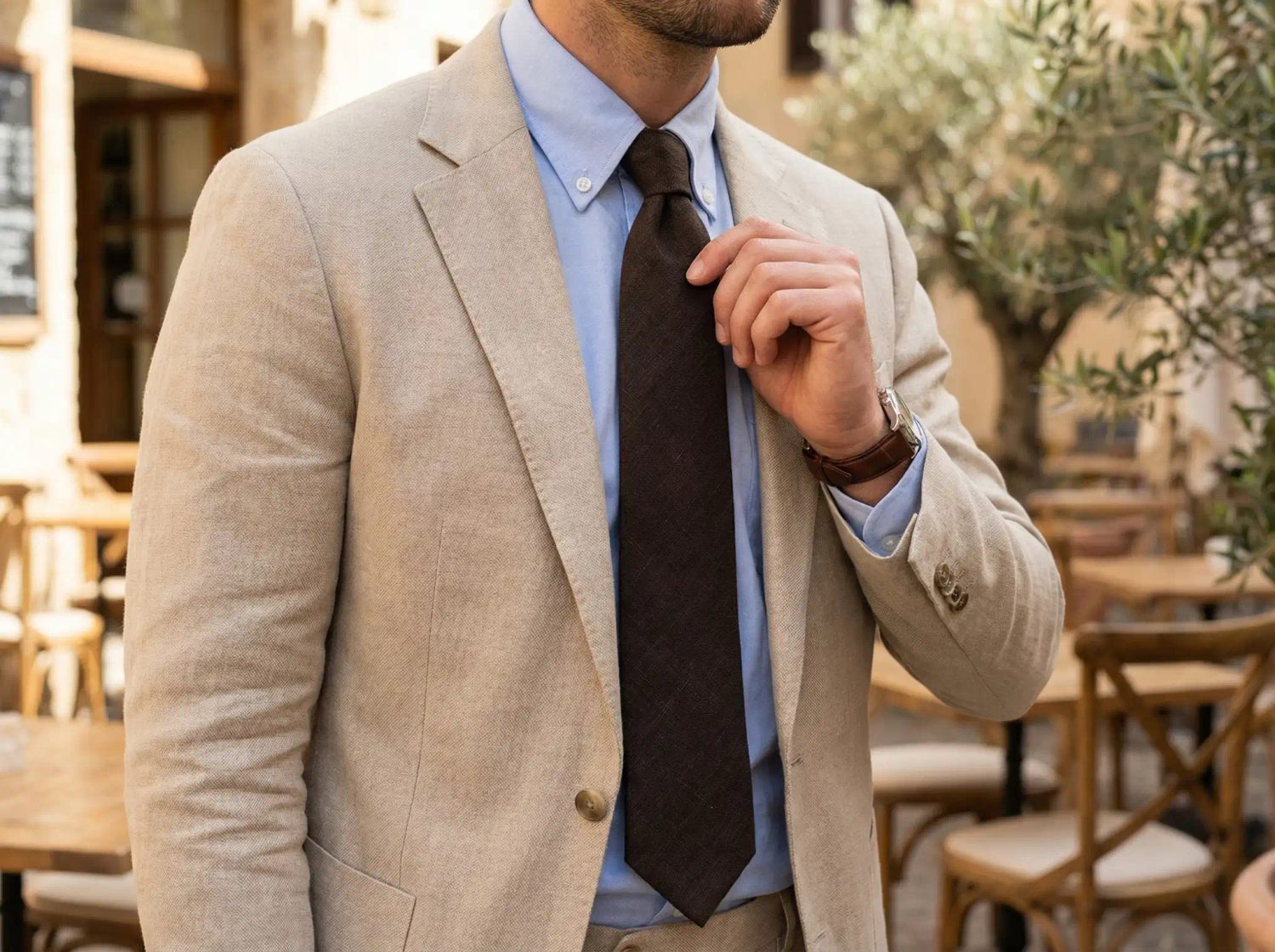 Béžový oblek a hnědá kravata 