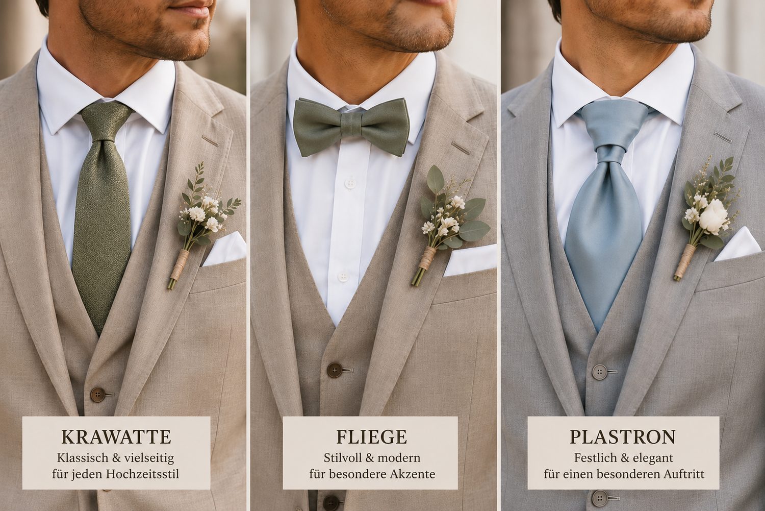 Krawatte, Fliege und Plastron für den Bräutigam