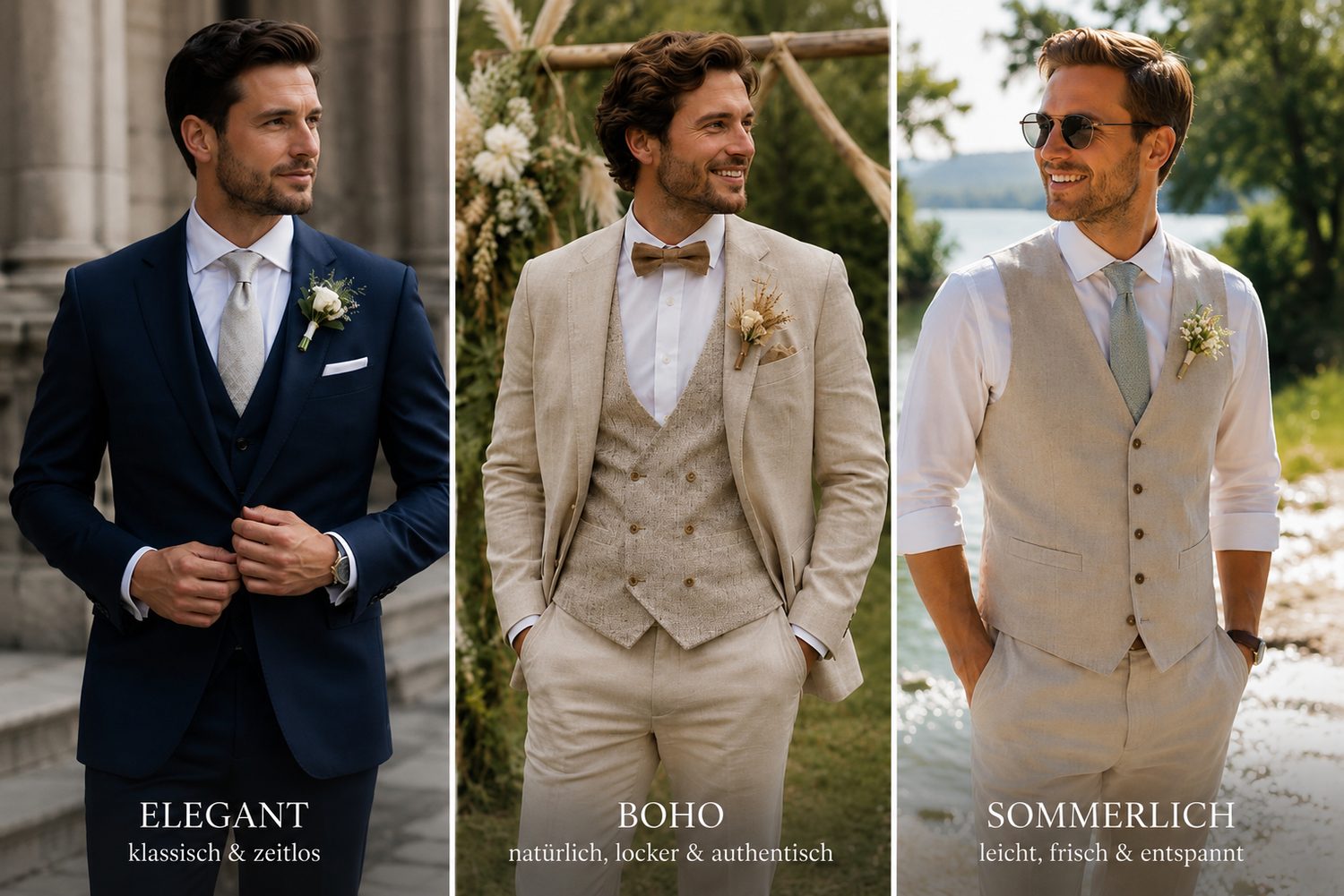 Verschiedene Hochzeitsstile und Bräutigam-Outfits