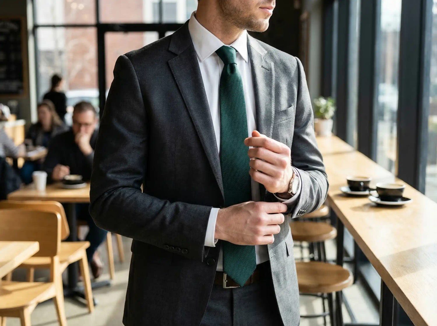 Šedý oblek se zelenou kravatou