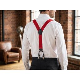 Červené šle s černými doplňky a kovovými klipy