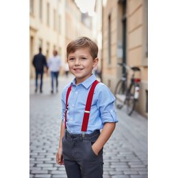 Béžové chlapecké šle s koženým středem a zapínáním na klipy