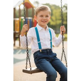 Béžové chlapecké šle s koženým středem a zapínáním na klipy