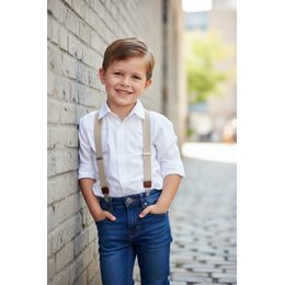 Béžové chlapecké šle s koženým středem a zapínáním na klipy