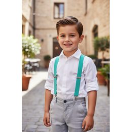 Béžové chlapecké šle s koženým středem a zapínáním na klipy