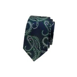 Cravată îngustă albastră, model verde paisley